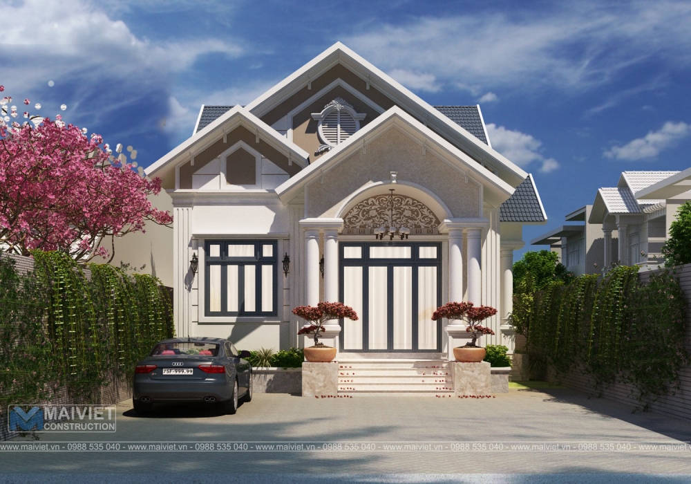 Mẫu thiết kế biệt thự vườn 1 tầng mái thái 4 phòng ngủ