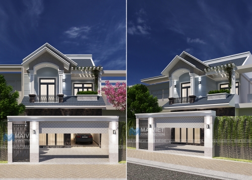 Mẫu thiết kế biệt thự hai tầng mái thái mặt tiền 8m
