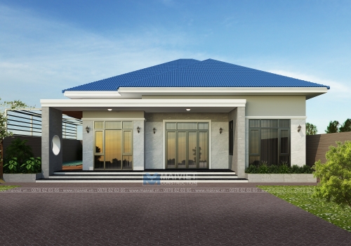 Mẫu thiết kế nhà 1 tầng mái nhật 5 phòng ngủ kích thước 13mx13m